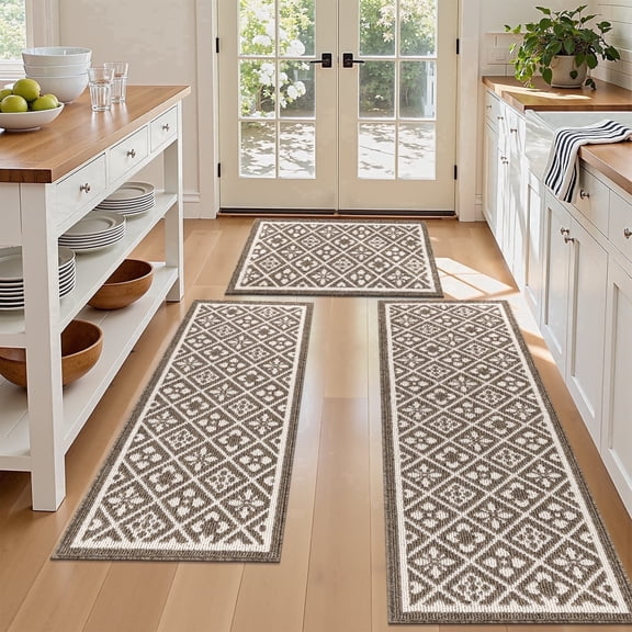Vaukki Farmhouse Kitchen Rugs Sets of 3, Non Slip Machine Washable Kitchen Mats, Heavy Duty Low Profile Floor Mats for Kitchen Sink Laundry Room, Brown