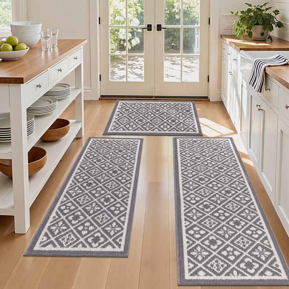 Vaukki Farmhouse Kitchen Rugs Sets of 3, Non Slip Kitchen Floor Mats Washable Kitchen Runner Rug, Gray