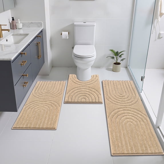 Vaukki 3 Piece Bathroom Rugs Set with Contour Mat, Jacquard Modern Geometric Microfiber Bath Mats, Hig-Low Cut Non Slip Absorbent Quick Dry Machine Washable Bath Rug Set of 3, Beige
