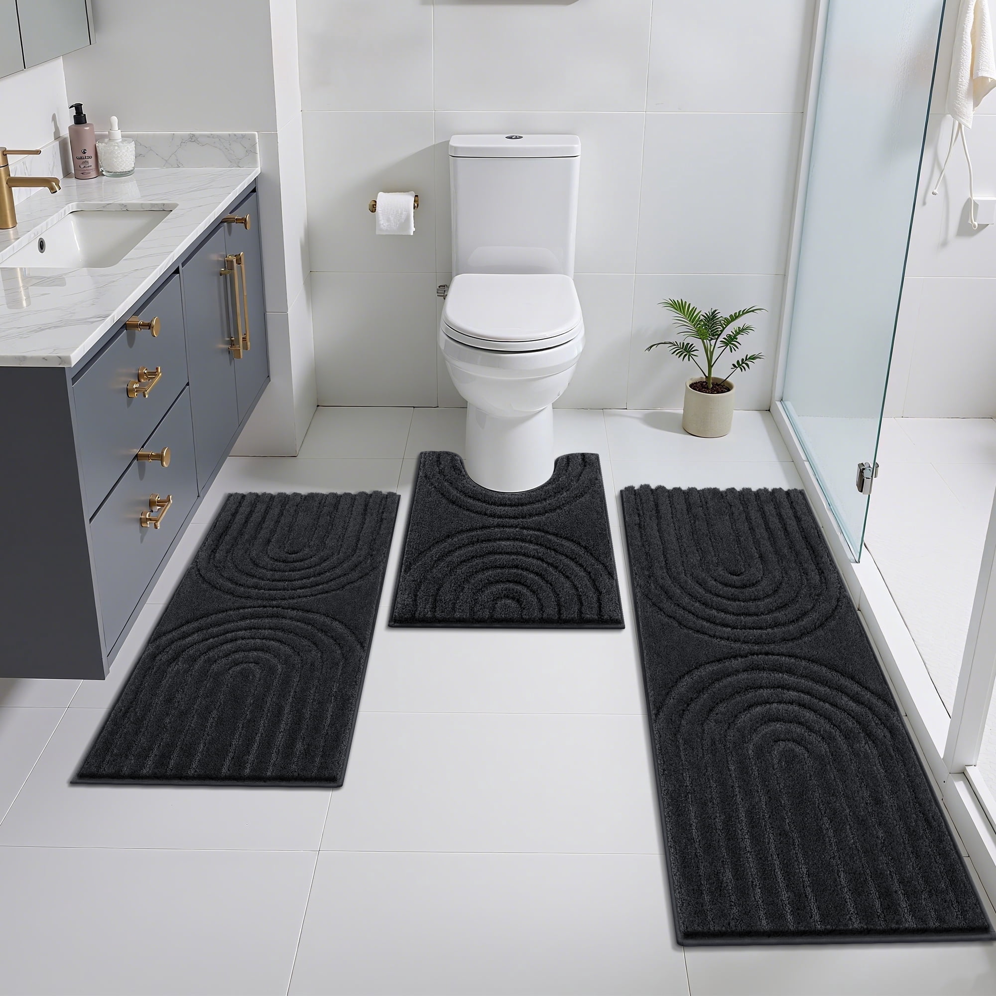 Vaukki Geometric Bathroom Rug Set of 3 Microfiber Soft Absorbent Non Slip Bath Rugs for Bathroom，(18"x26"+20"x47"+20"x24"，Black)