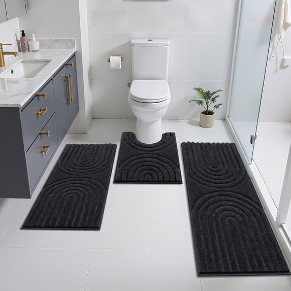 Vaukki 3 Piece Bathroom Rugs Set with Contour Mat, Jacquard Modern Geometric Microfiber Bath Mats, Hig-Low Cut Non Slip Absorbent Quick Dry Machine Washable Bath Rug Set of 3, Black