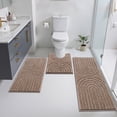 thumbnail image 1 of Vaukki 3 Piece Bathroom Rugs Set with Contour Mat, Jacquard Modern Geometric Microfiber Bath Mats, Hig-Low Cut Non Slip Absorbent Quick Dry Machine Washable Bath Rug Set of 3, Brown, 1 of 9