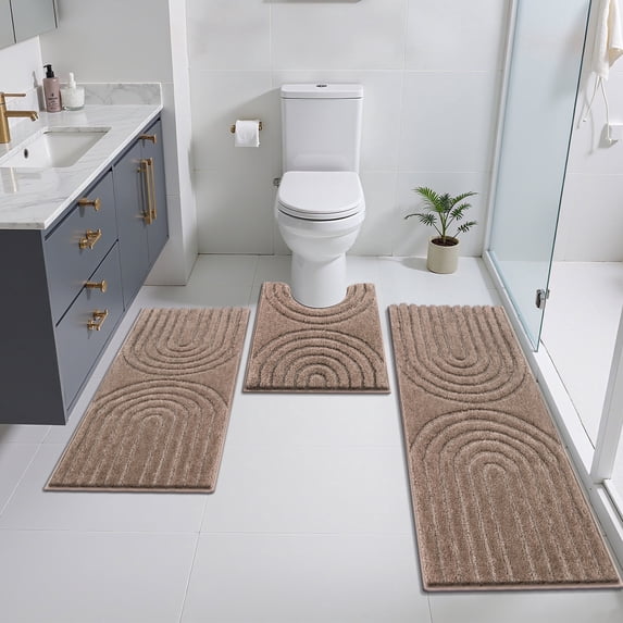 Vaukki 3 Piece Bathroom Rugs Set with Contour Mat, Jacquard Modern Geometric Microfiber Bath Mats, Hig-Low Cut Non Slip Absorbent Quick Dry Machine Washable Bath Rug Set of 3, Brown