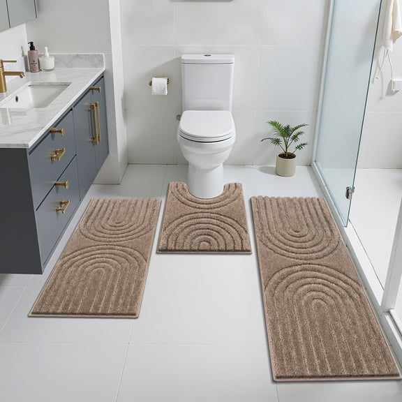 Vaukki Geometric Bathroom Rug Set of 3 Microfiber Soft Absorbent Non Slip Bath Rugs for Bathroom，(18"x26"+20"x47"+20"x24"，Brown)