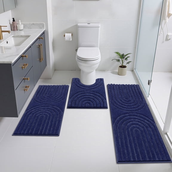 Vaukki 3 Piece Bathroom Rugs Set with Contour Mat, Jacquard Modern Geometric Microfiber Bath Mats, Hig-Low Cut Non Slip Absorbent Quick Dry Machine Washable Bath Rug Set of 3, Navy