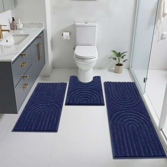Vaukki Geometric Bathroom Rug Set of 3 Microfiber Soft Absorbent Non Slip Bath Rugs for Bathroom,(18"x26"+20"x47"+20"x24",Dark Blue)