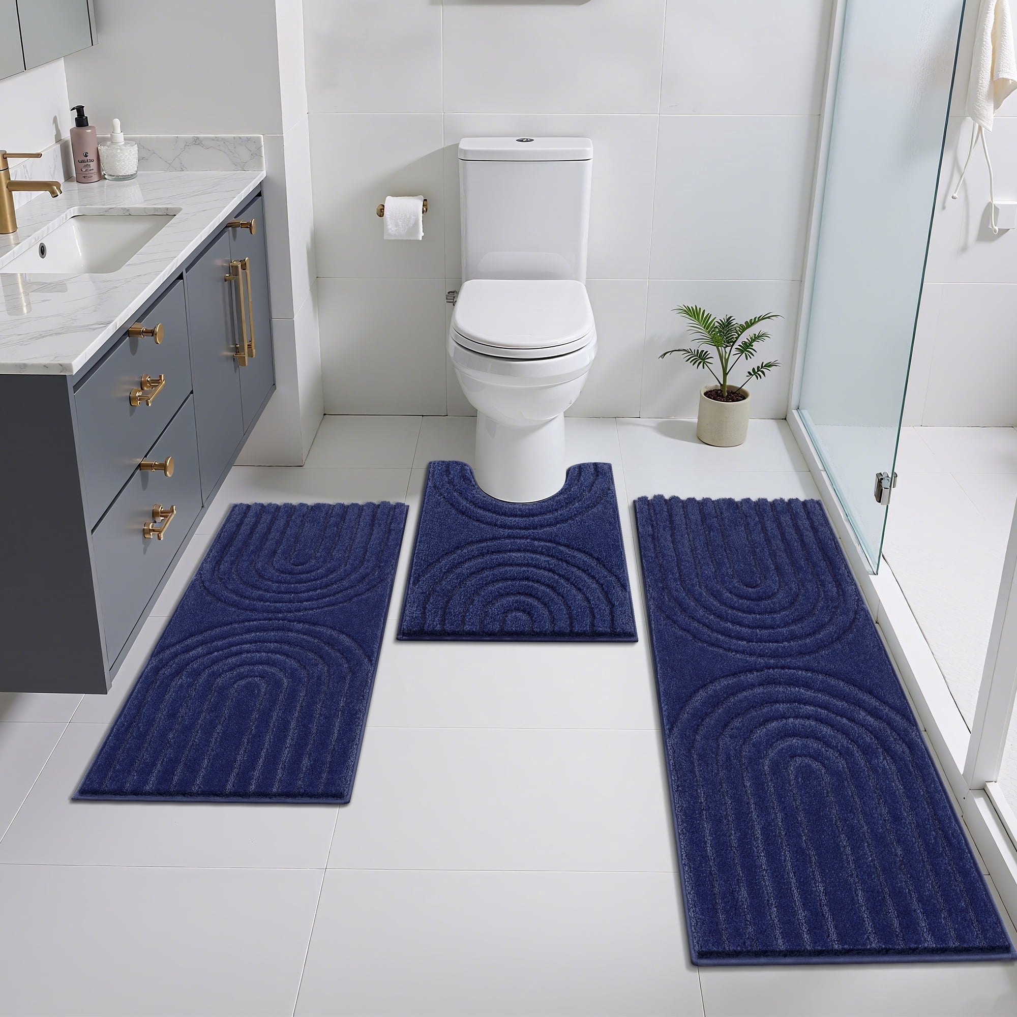 Vaukki Geometric Bathroom Rug Set of 3 Microfiber Soft Absorbent Non Slip Bath Rugs for Bathroom，(18"x26"+20"x47"+20"x24"，Dark Blue)