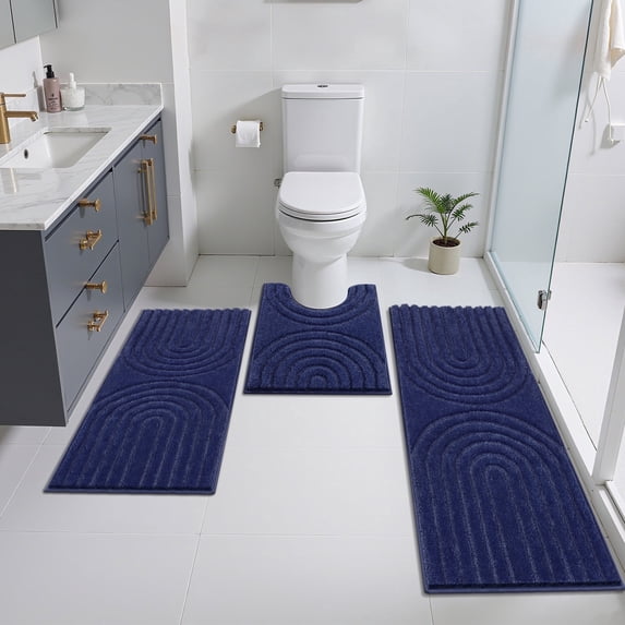 Vaukki 3 Piece Bathroom Rugs Set with Contour Mat, Jacquard Modern Geometric Microfiber Bath Mats, Hig-Low Cut Non Slip Absorbent Quick Dry Machine Washable Bath Rug Set of 3, Navy
