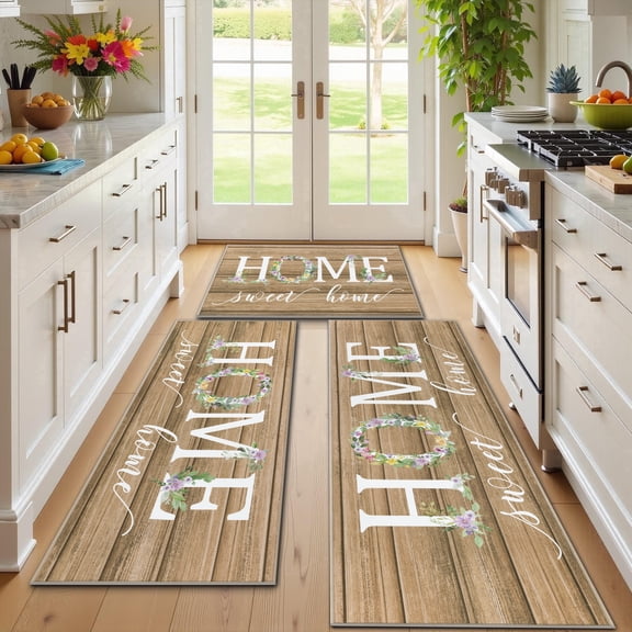 Vaukki Farmhouse Kitchen Rugs Sets of 3, Non Slip Machine Washable Kitchen Mats for Floor, Low Profile Floor Mats for Sink Laundry Room, Brown