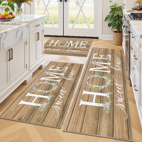 Vaukki Kitchen Rugs Sets of 3 Non Slip Washable Kitchen Mats for Floor,Waterproof Floor Mat Carpet for Kitchen,Laundry,Sink,Brown