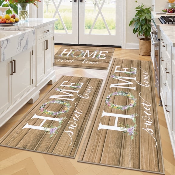 Vaukki Farmhouse Kitchen Rugs Sets of 3, Non Slip Machine Washable Kitchen Mats for Floor, Low Profile Floor Mats for Sink Laundry Room, Brown