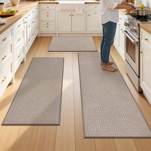 Vaukki Kitchen Rugs and Mats Non Skid Washable Set of 3,Rubber Backing Absorbent Kitchen Mats for Floor Front of Sink,Beige