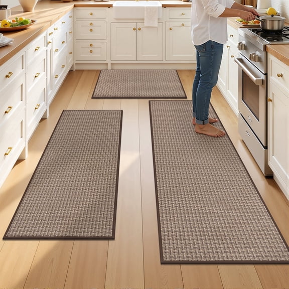 Vaukki Kitchen Rugs and Mats Non Slip Washable Set of 3,Soft Braided Rubber Backing Kitchen Mats for Floor Front of Sink,Brown