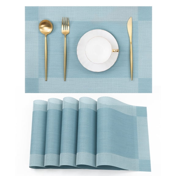 Vaukki PVC Placemats Set of 6 Heavy Duty Heat Resistant Washable Table Mats for Dining Table, Blue
