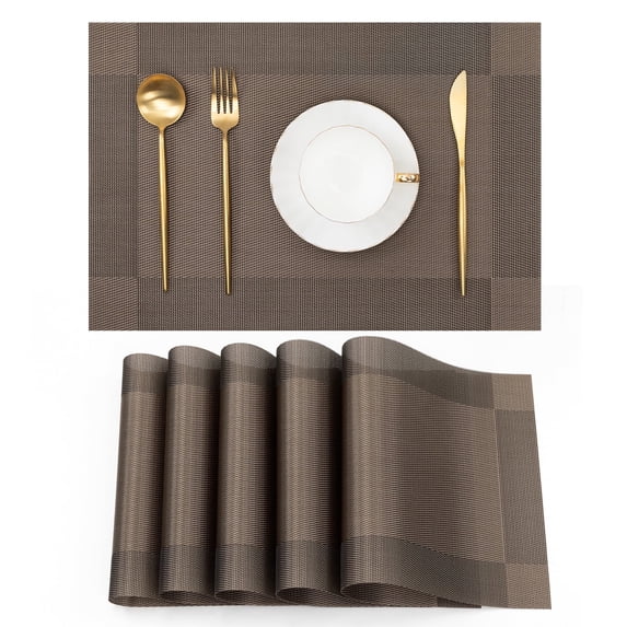 Vaukki Placemats Set of 6, PVC Woven Table Mats, Heat Resistant Non Slip Washable Placemats for Dining Table, Brown