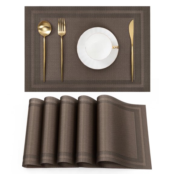 Vaukki PVC Placemats Set of 6 Heavy Duty Heat Resistant Washable Table Mats for Dining Table, Coffee Brown