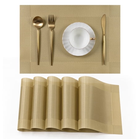 Vaukki Placemats Set of 6, PVC Woven Table Mats, Heat Resistant Non Slip Washable Placemats for Dining Table, Gold