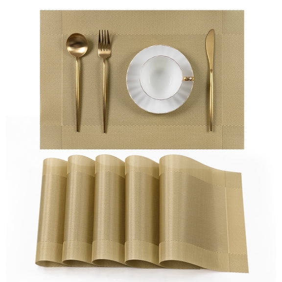 Vaukki Placemats Set of 6, PVC Woven Table Mats, Heat Resistant Non Slip Washable Placemats for Dining Table, Gold
