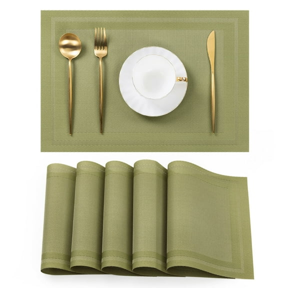 Vaukki PVC Placemats Set of 6 Heavy Duty Heat Resistant Washable Table Mats for Dining Table, Green