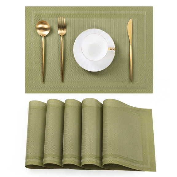 Vaukki Placemats Set of 6, PVC Woven Table Mats, Heat Resistant Non Slip Washable Placemats for Dining Table, Green