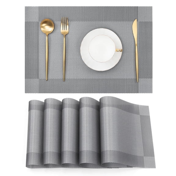 Vaukki Placemats Set of 6, PVC Woven Table Mats, Heat Resistant Non Slip Washable Placemats for Dining Table, Silver Gray