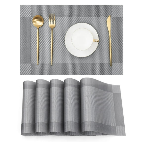 Vaukki PVC Placemats Set of 6 Heavy Duty Heat Resistant Washable Table Mats for Dining Table, Silver Gray