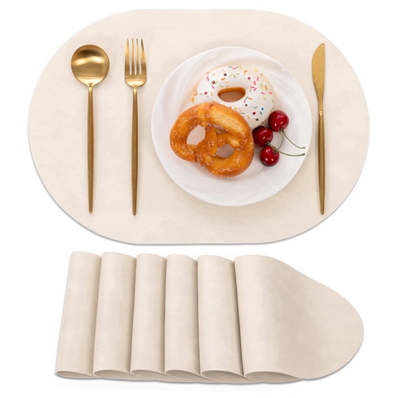Vaukki Oval Vinyl Placemats Set of 6, Waterproof Faux Leather Table Mats, Heat Resistant Non Slip Wipeable for Dining Table, Beige