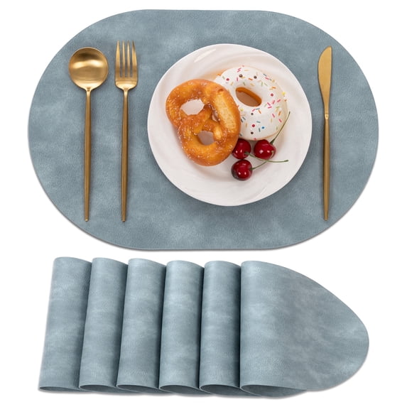 Vaukki Oval Vinyl Placemats Set of 6, Waterproof Faux Leather Table Mats, Heat Resistant Non Slip Wipeable for Dining Table, Blue