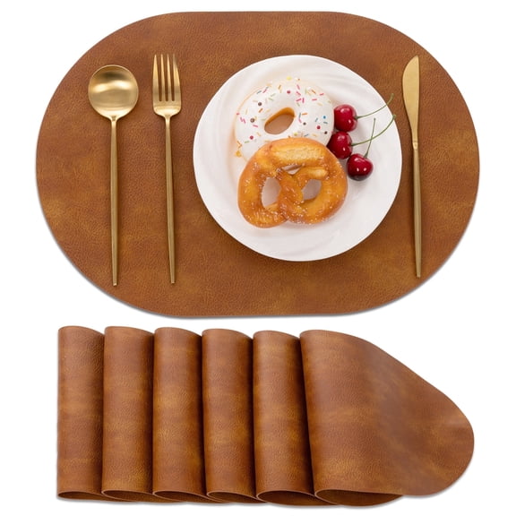 Vaukki Oval Vinyl Placemats Set of 6, Waterproof Faux Leather Table Mats, Heat Resistant Non Slip Wipeable for Dining Table, Brown