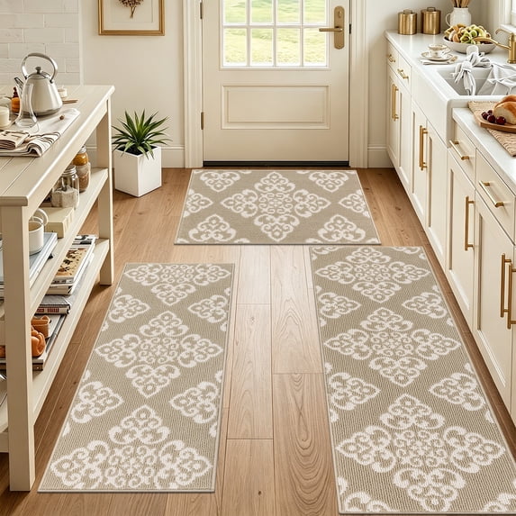 Vaukki Kitchen Rugs Set of 3, Moroccan Non Slip Machine Washable Kitchen Floor Mats, Heavy Duty Low Profile for Sink Laundry, Beige
