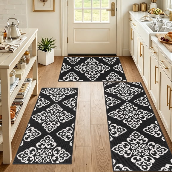 VAUKKI Traditional Kitchen Rugs Sets of 3, Non Slip Kitchen Floor Mats Washable Kitchen Runner Rug, Black