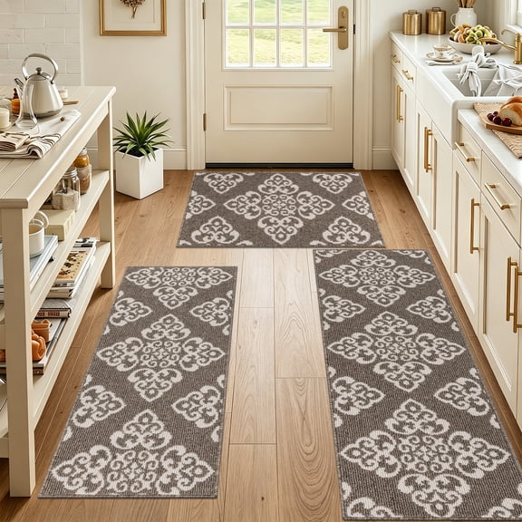 Vaukki Kitchen Rugs Set of 3, Moroccan Non Slip Machine Washable Kitchen Floor Mats, Heavy Duty Low Profile for Sink Laundry, Brown