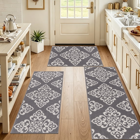 Vaukki Kitchen Rugs Set of 3, Moroccan Non Slip Machine Washable Kitchen Floor Mats, Heavy Duty Low Profile for Sink Laundry, Gray