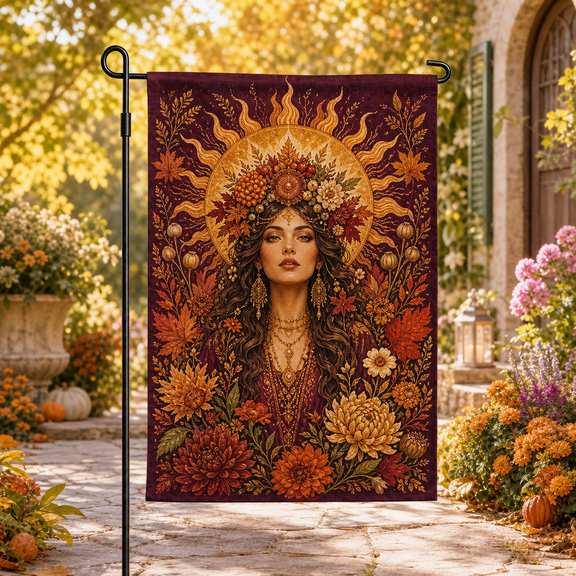Vault Crest Autumn Sun Priestess Garden Flag for Mabon Harvest Yard Display