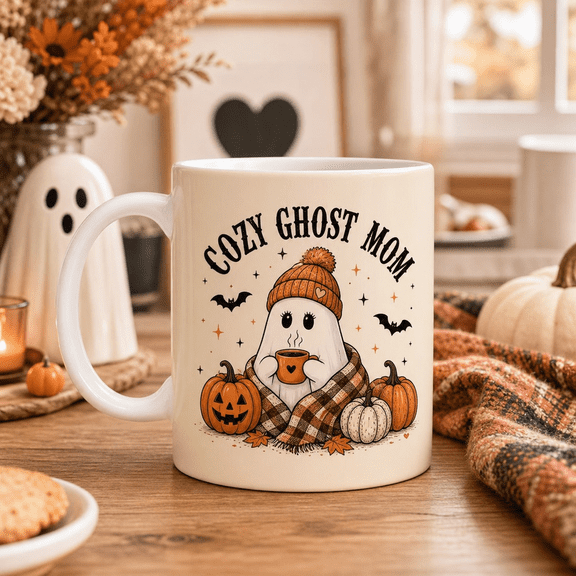 Vault Crest Cozy Ghost Mom Pumpkin Ceramic Coffee Mugs for Halloween Gifts 11 oz 15 oz