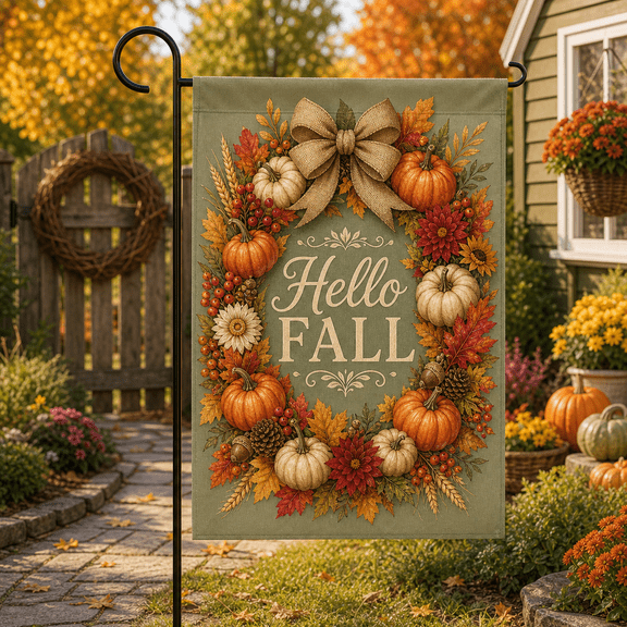 Vault Crest Decorative Garden Flag Hello Fall Autumn Wreath