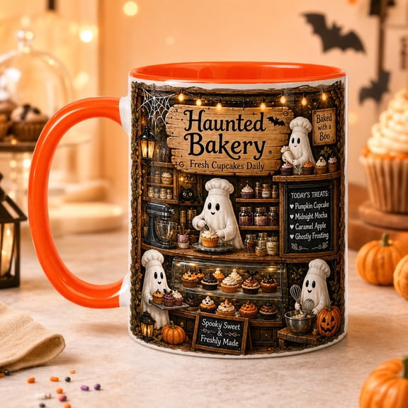 Vault Crest Haunted Bakery Ghost Cupcake Shop Ceramic Coffee Mugs for Halloween Fans 11 oz 15 oz