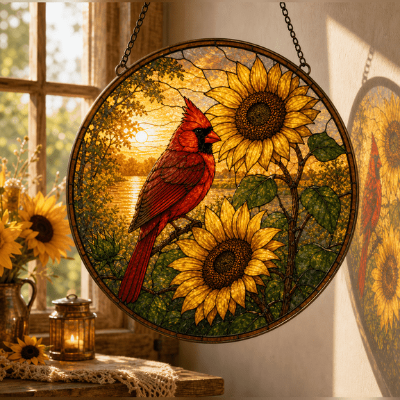 Vault Crest Memorial Stained Glass Suncatcher Cardinal Sunflower Window Hanging