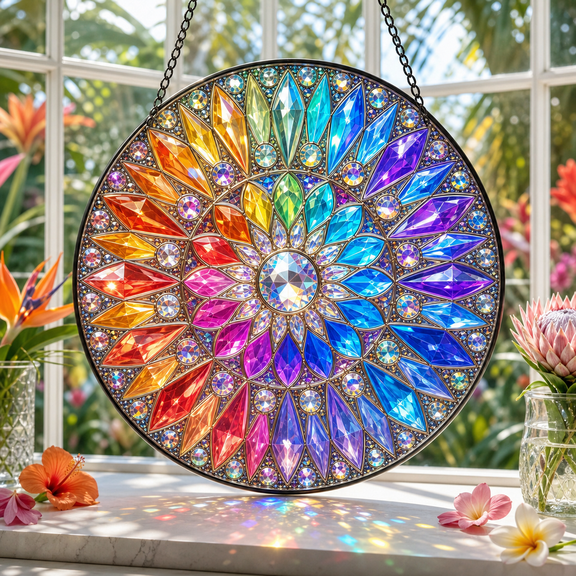 Vault Crest Rainbow Mandala Stained Glass Suncatcher Crystal Prism Gift for Window Decor
