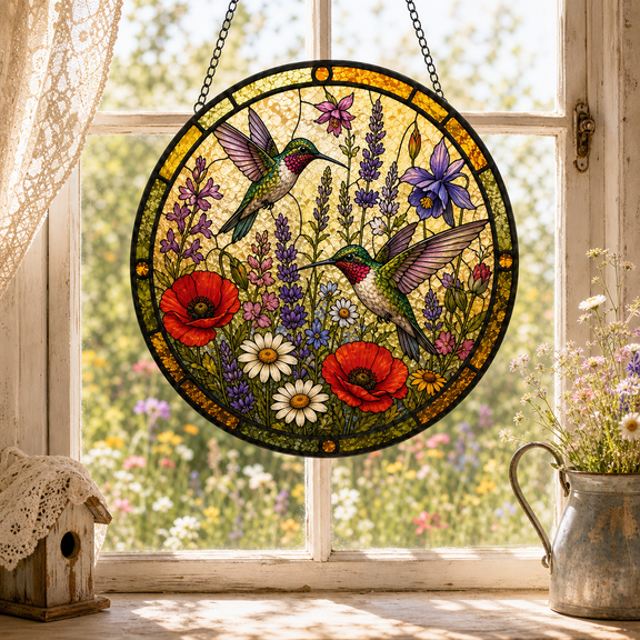 Vault Crest Round Stained Glass Suncatcher Hummingbird Wildflower Garden