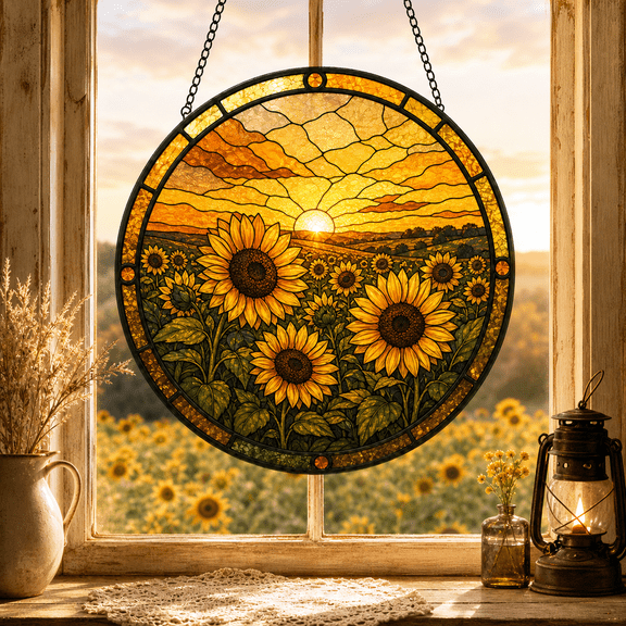 Vault Crest Round Stained Glass Suncatcher Sunflower Sunset Window Decor