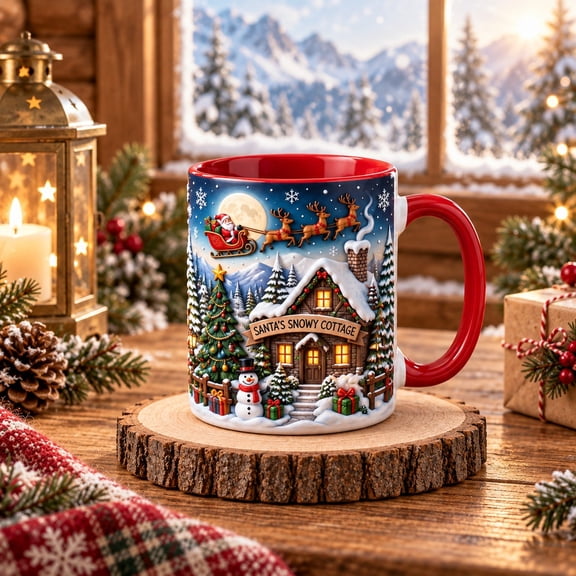 Vault Crest Santa Sleigh Snowy Cottage Ceramic Coffee Mugs for Christmas Gift