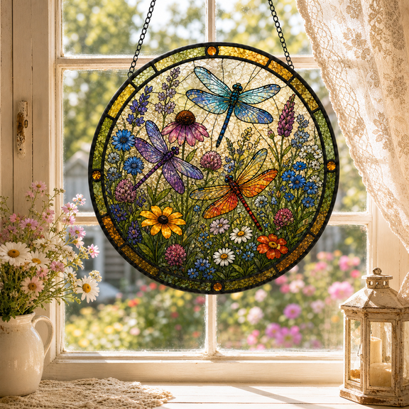 Vault Crest Stained Glass Suncatcher Dragonfly Wildflower