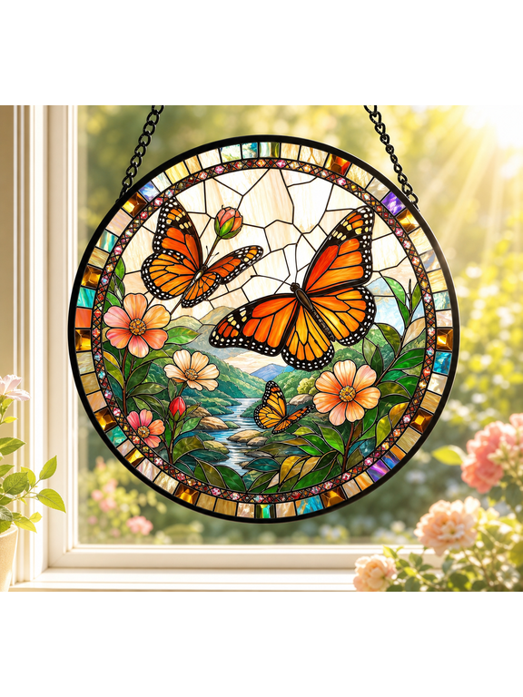 Suncatcher Monarch Butterfly Stained Glass Window Hanging for Door and Home