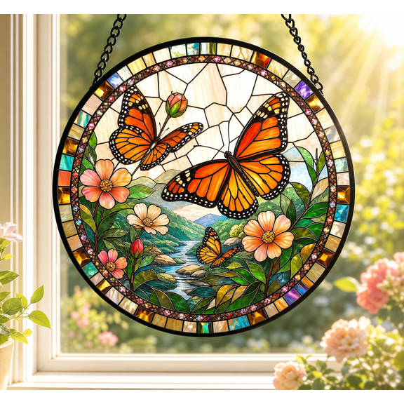 Vault Crest Suncatcher Monarch Butterfly Stained Glass Window Hanging for Door and Home