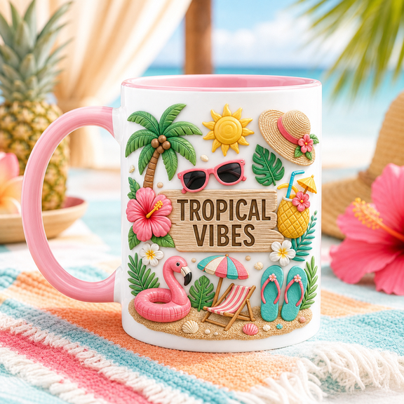 Vault Crest Tropical Vibes Beach Day Ceramic Coffee Mugs Beach Lover Gift 11 oz 15 oz
