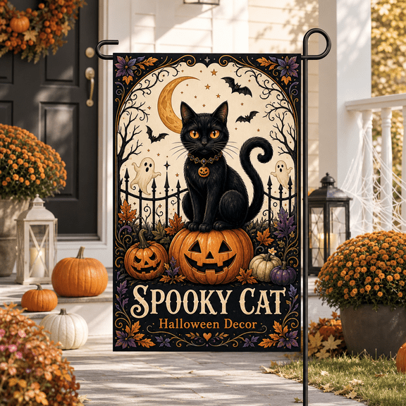 Vault Crest Whimsical Garden Flag Black Cat Halloween Decor