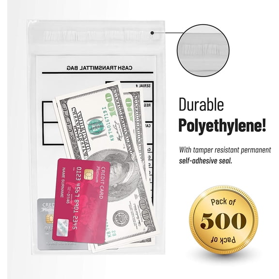 VaultGuard Tamper Proof Bank Deposit Bags - Self-Adhesive Seal, Write-On Surface, 6"x9" Clear Plastic Cash Envelopes | Pack of 500