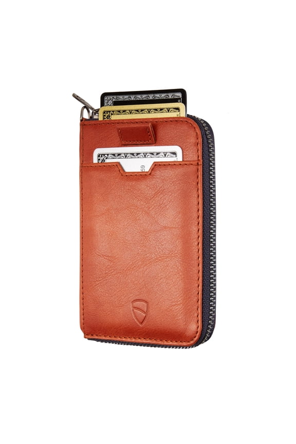 NOTTING HILL Minimalist Leather Zipper Wallet for Women and Men: Slim Multi Cardholder with RFID Blocking and Keychain Ring (Cognac) A101