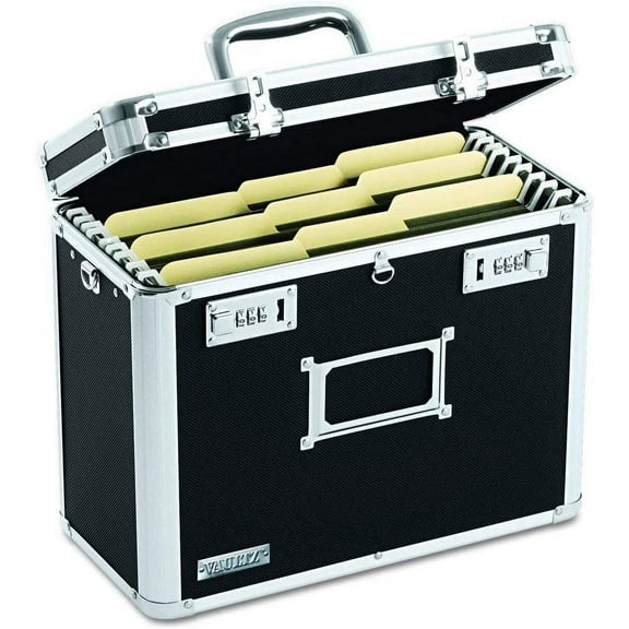 Vaultz File Organizer Storage Box - 14 x 7 x 12.19 Inch Letter Size, Portable Locking Storage Totes with Dual Combination Locks for Filing Office Documents - Black